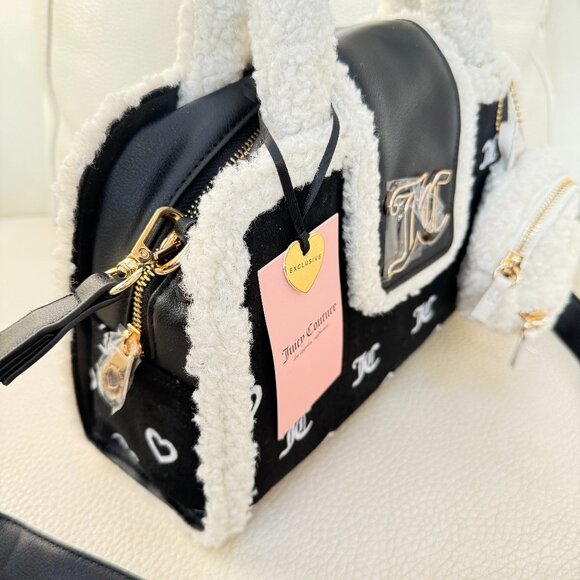 NWT Juicy Couture Snuggle Satchel Sherpa satchel crossbody bag Black & mini bag - Picture 2 of 7